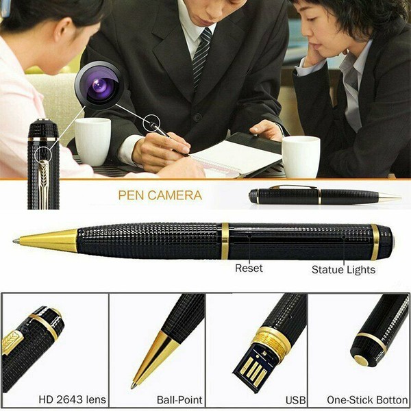 Spy pen camera with USB and HD lens in use.