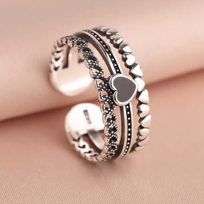 Hollow Out Silver Black Heart Womens Ring Statement Rings Jewelry Adjustable