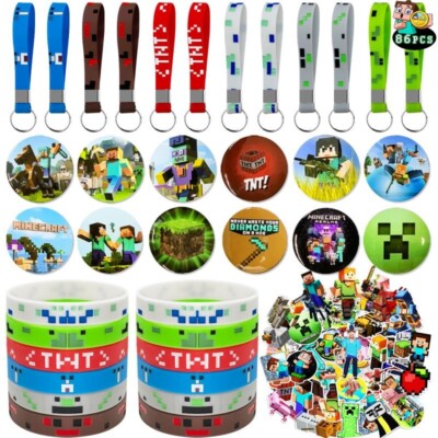 86pcs Video Game Birthday Party favors Bracelets Pins Stickers Minecraft k-chain