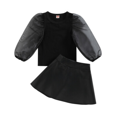 Toddler Girls Outfits Clothes Lace T-shirt Tops+ PU Leather Skirts Dress Set