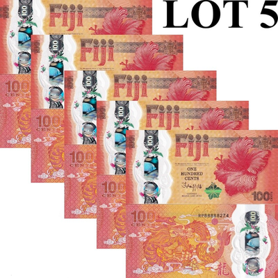 Fiji 100 Cent 2023 P 124 Polymer UNC COMM. Year of Dragon Lot 5 pcs S/N 88888XXX