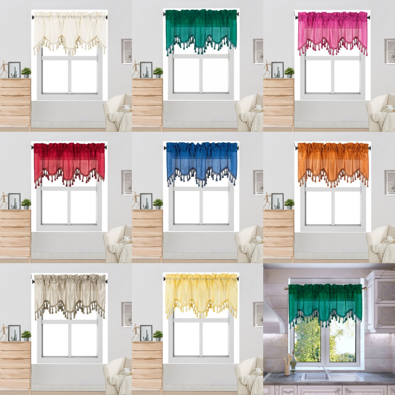 1PC BONITA SOLID COLOR SHEER WAVY VALANCE WINDOW CURTAIN W/BEAD TRIM CASCADING 