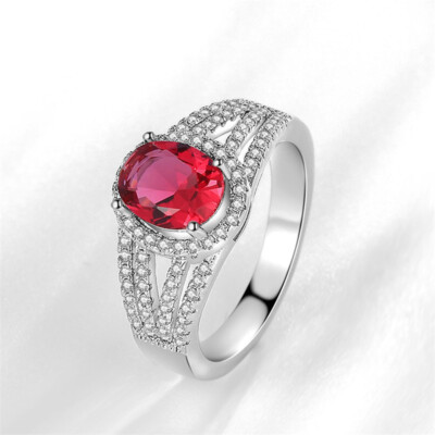 Natural Oval Red Zircon 925 Sterling Silver Ring Womens Wedding Engagement Rings