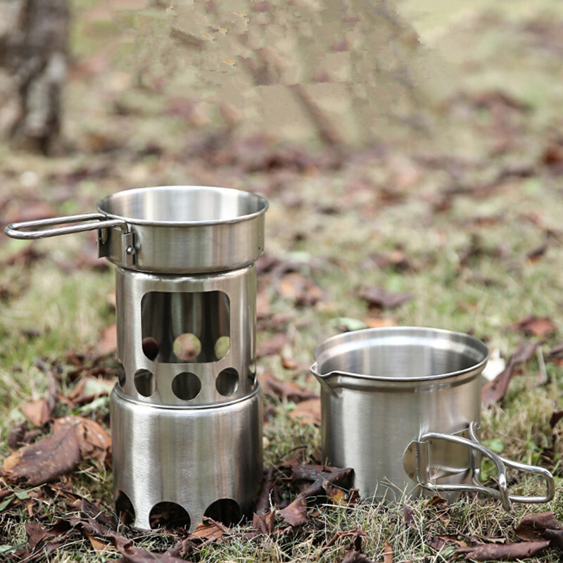 Portable 304 Stainless Steel Camping Cookware Set with Wood Stove Hiking Tool