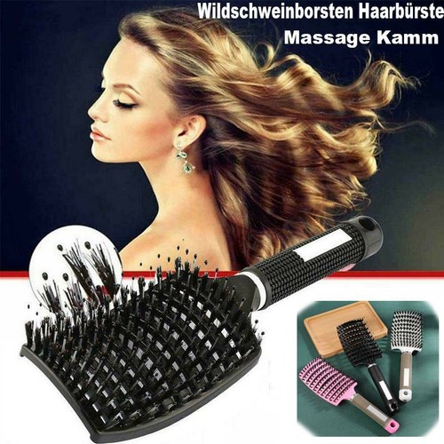 Gebogene Wildschweinborsten Haarbürste Massage Kamm entwirren Kammbürste Neu DE