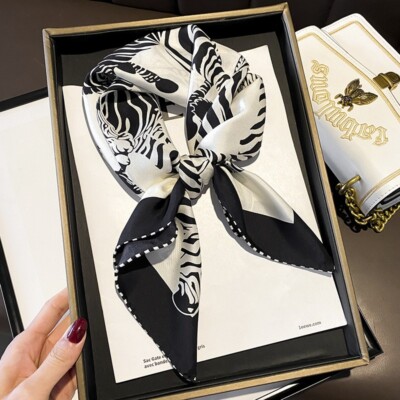 100% Mulberry Silk 26'' Square Scarf Women neckerchief Wrap Black and White Zebra