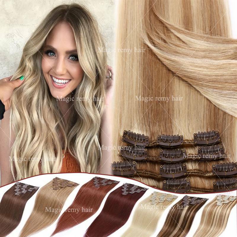 US CLEARANCE Clip In on 100 Real Remy Human Hair Extensions Full Head Highlight