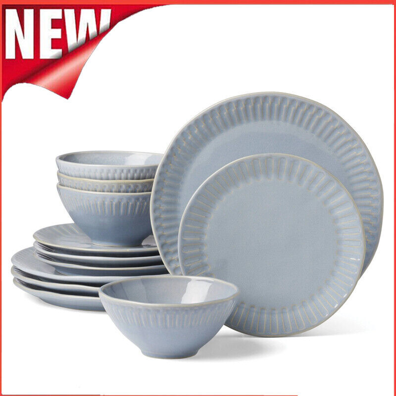 Entertain 365 12-Piece Artisanal Blue Stripe Stoneware Tableware Set Strong New