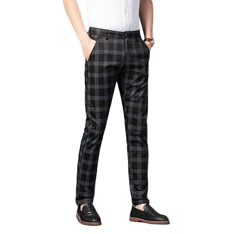 Men Check Pants Plaid Straight Dress Trousers Suit Bottoms Formal Business Slim