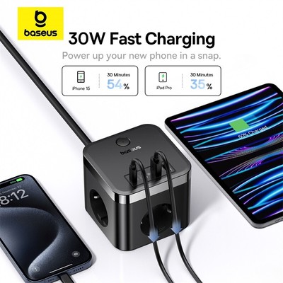 Baseus 30W Charger Fast Power Strip 3AC Outlet Desktop Charging Station EU plug