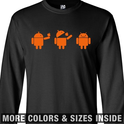 Droid Eats Apple Scene LONG SLEEVE T-Shirt  Android Google Eating Mens Tee Shirt