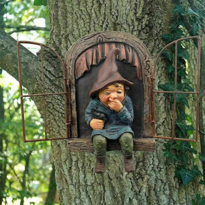 Garden Ornament Gnome Statue Elf Out The Door Tree Hugger Xmas Gift Art Decor