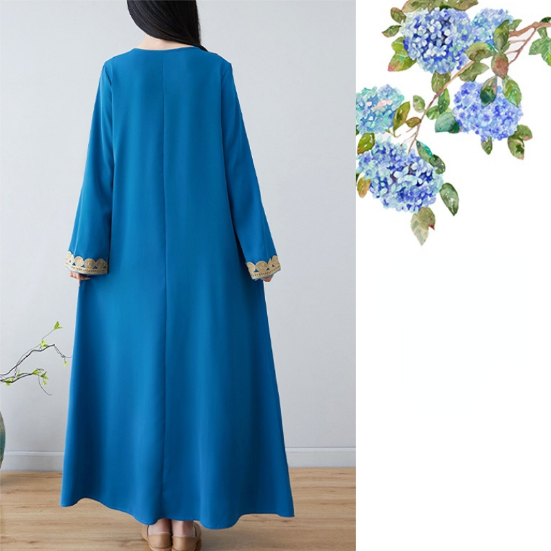 Abito Etnico Donna Maxi Arabo Ricamato Manica Lunga A V Svasato Comodo