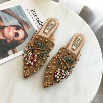 Womens Rhinestone Flats Mules Slippers Pointed Toe Sandals Slip On Loafers Shoes