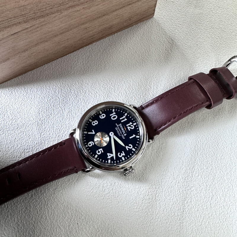 Pre-owned Shinola Runwell Midnight Blue Dial Red Leather Strap Mens Quartz Watch 41mm