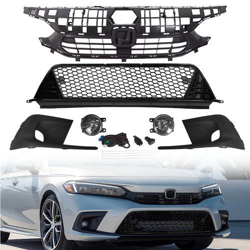 Для Honda Civic 2022-2024 Передняя Верхняя ＆ Нижняя решетка ＆ Противотуманная фара с ободком ＆ Проводка