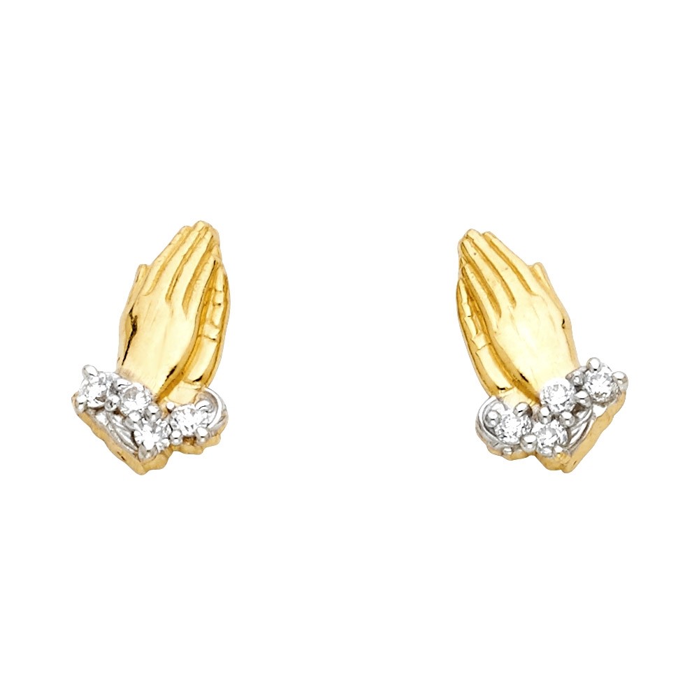 Praying Hands Stud Earrings Solid 14k Yellow Gold CZ Studs Religious