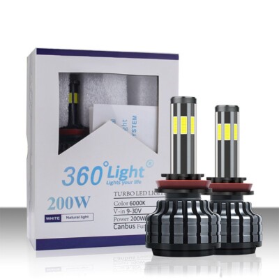 6 Side Illuminated LED Headlight Bulbs H11 H8 H9 Low Beam Kit White Bright 8000K