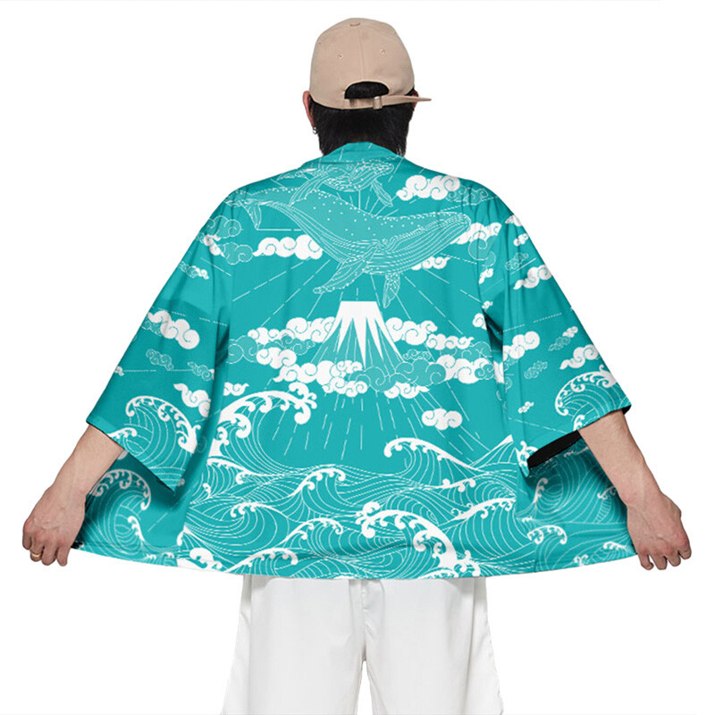 Herren Japanisch Robe Kimono Haori Yukata Hemd 3/4 Ärmel Strickjacke Happi Top