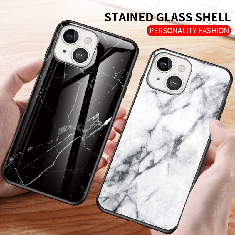 Case For iPhone 15 14 Pro Max 13 12 11 Marble Tempered Glass Shockproof Cover