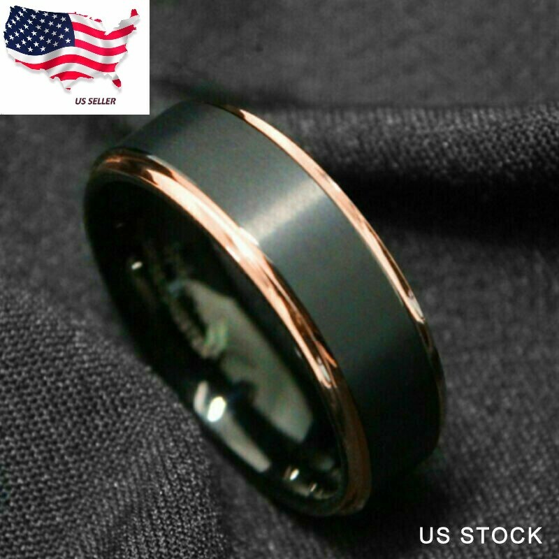 Tungsten Carbide Wedding Band Ring Rose Gold Step Edge w Brushed Black Center 