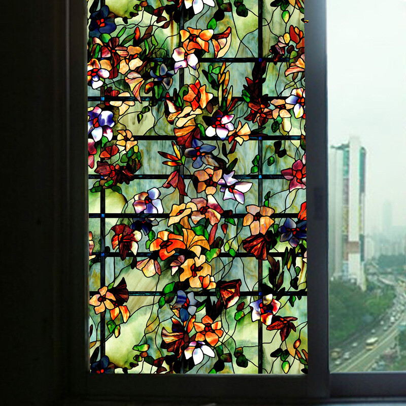 3D Static Cling Window Films Frosted Stained Camellia Glass Sticker Retro Decor