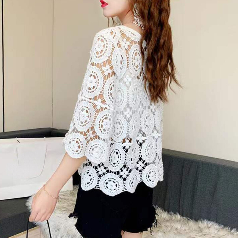 Donna Cavo Uncinetto Top Corto Maglia Pullover Mezza Manica Bolero Pareo Mare