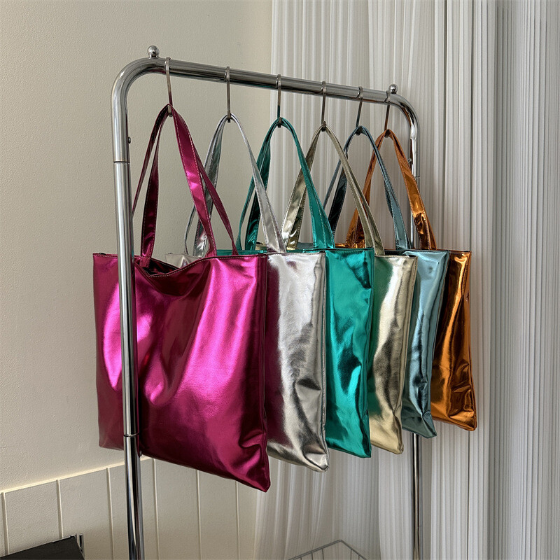Lady Shiny Glossy Tote Bags Large Capacity Shoulder Bag PU Leather Handbag Soft