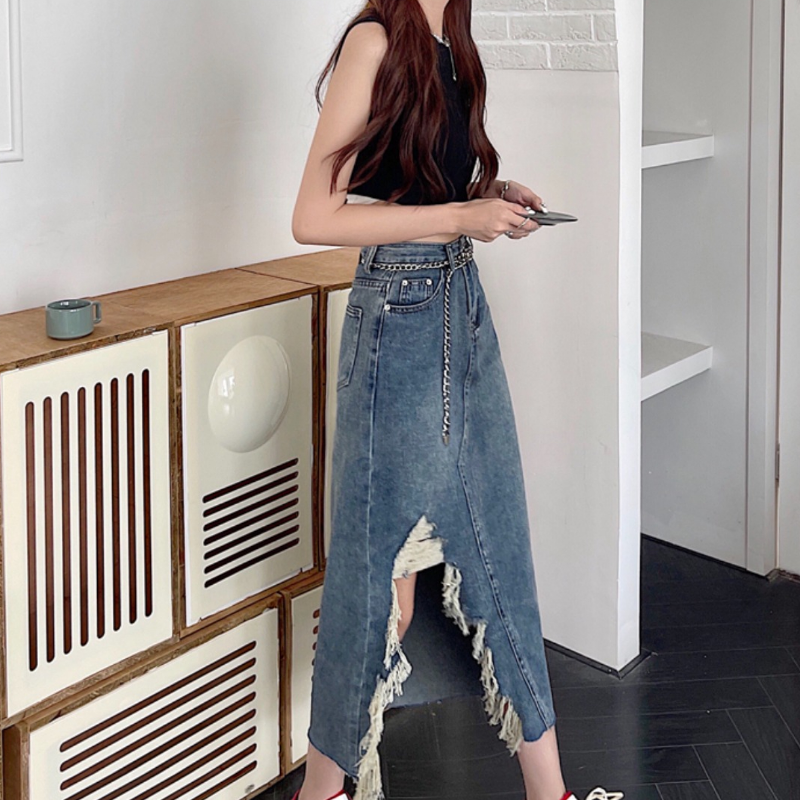 Donna Jeans Gonna Midi a-Line Spacco Laterale Crudo Frange Nappe Streetwear Moda
