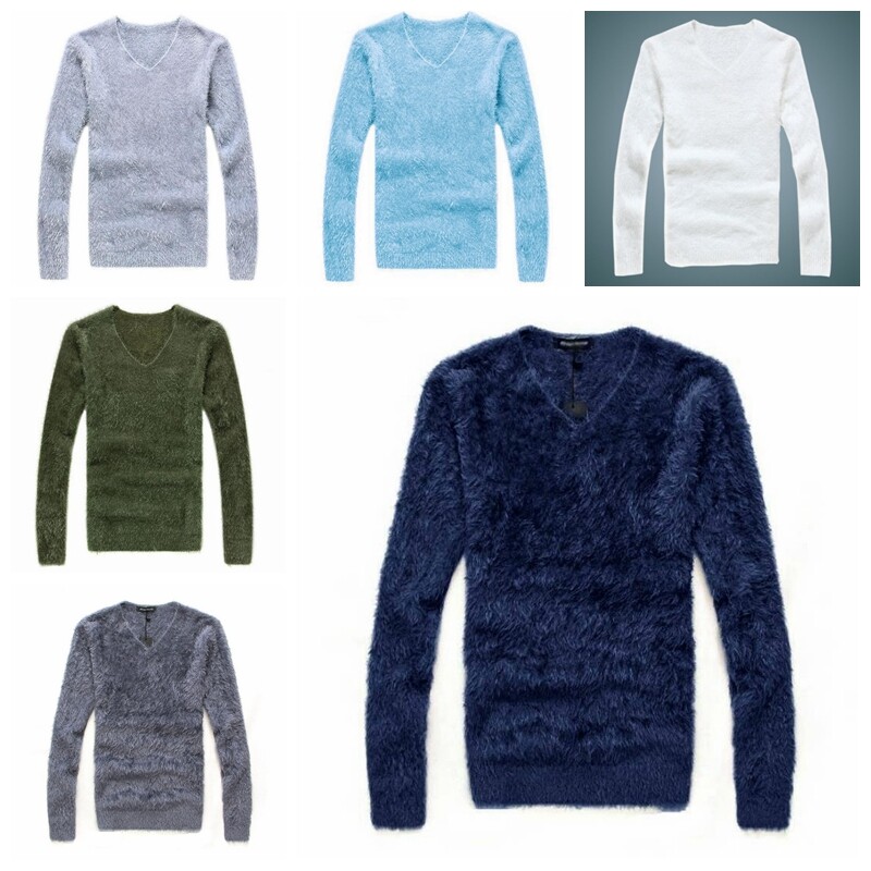 Men's Faux Mohair Sweater Jumper Pullover Tops V Neck Fluffy Knitwear Winter