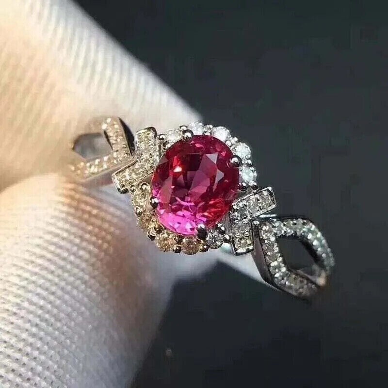 2.30 Ct Oval Cut Pink Ruby & Moissanite Engagement Ring In 14k White Gold Plated
