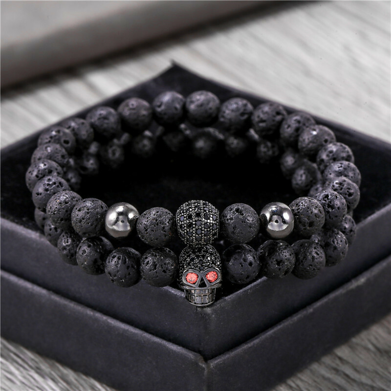 8Mm Black Lava Stone Beads Bracelet Set Skull Men Bracelets for Women Jewelery