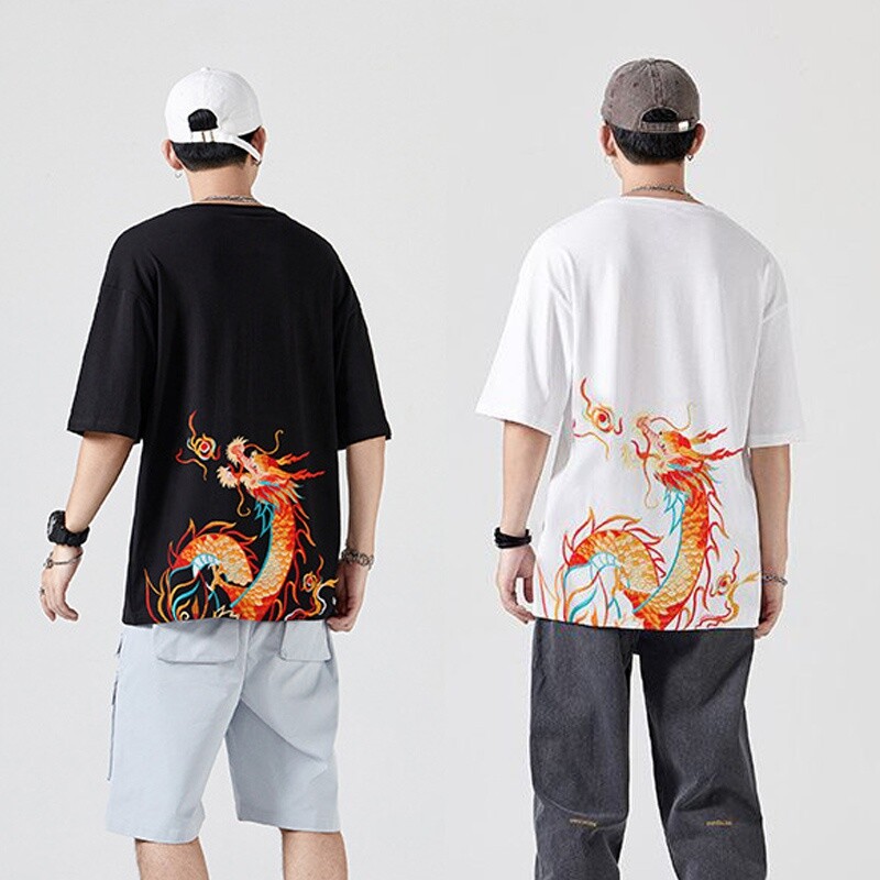 Men Embroidery T-Shirt Casual Chinese Blouse Cotton Short Sleeve Tee shirt Soft