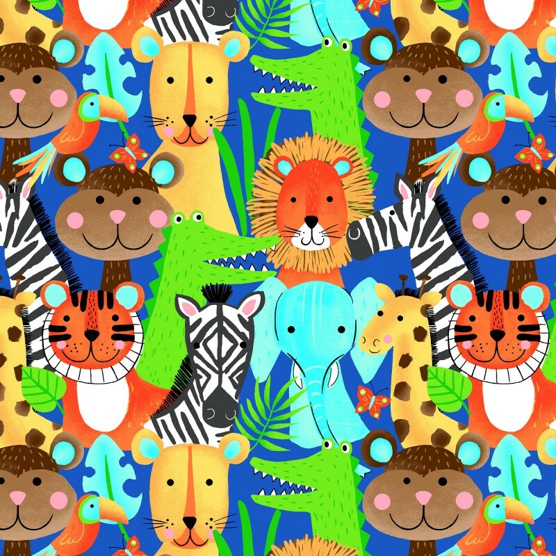 Fabric Baby Zoo Animals Safari Heads Full on Blue Flannel 1/4 Yard Box