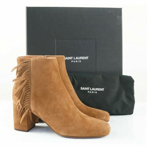 Pre-owned Saint Laurent Sz 37.5 $895  Tan Suede 70 Babies Fringe Boho Fall Ankle Boots In Brown