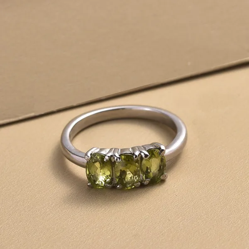 Shop LC Peridot Oval Stainless Steel 3 Stone Ring for Women Size 8 Ct 1.15