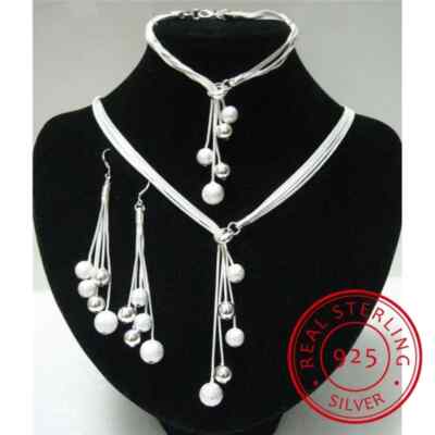 925 Sterling Silver Five-Wire Beads Necklace Bracelet Earring Jewelry Set