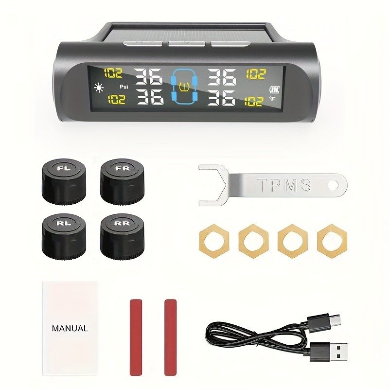 Solar - USB TPMS with 4 Sensors - Real - Time Alerts for SUVs, etc.-Easy Install