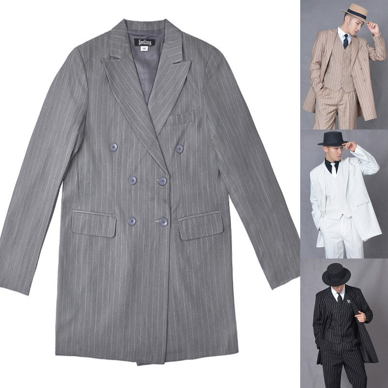 Men's Striped Double-Breasted Long Tuxedo Jacket Dress Suit Blazer Coat Tops