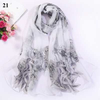 Women Chiffon Flowers Shawl Wrap Scarf Scarves Long Soft Peony Pattern Scarf  
