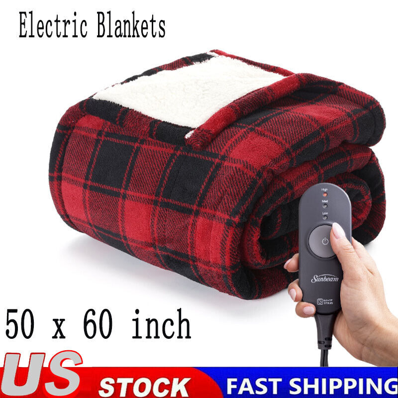 USA Heated Electric Fleece Throw Blanket Plaid Printed 3 Settings Fast Heating