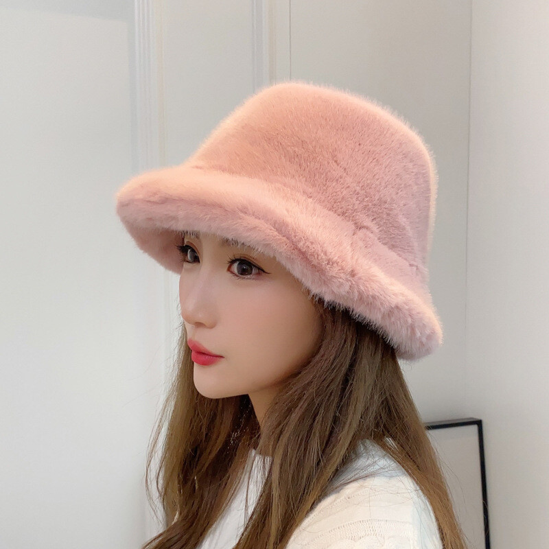 Women Lady Soft Bucket Hat Cap Faux Fur Cute Warm Fluffy Plush Fuzzy Winter Cap