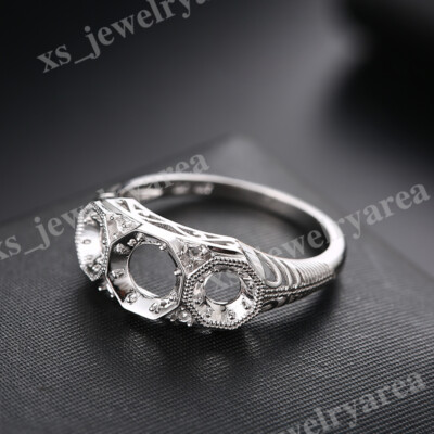 Sterling Silver 925 Semi Mount Ring Vintage Round 5.5mm & 4mm Exquiste Art Deco