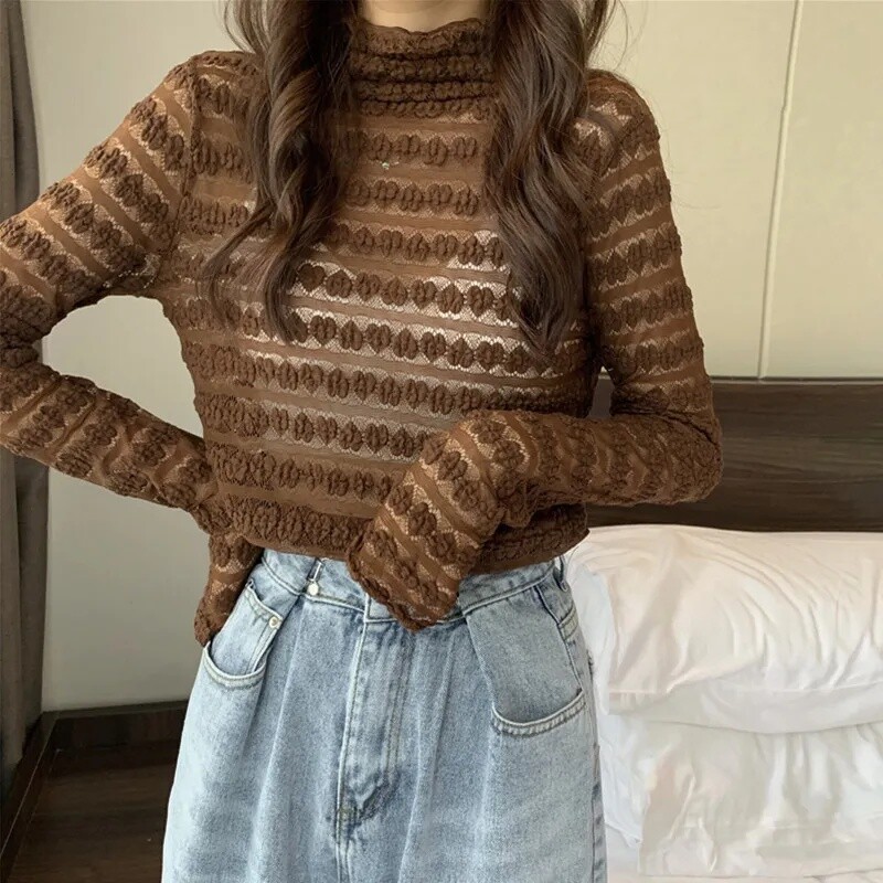 Damen Spitze Hemd Half-Turtleneck Top Netz Hohl Durchsichtig Bluse Pullover Slim