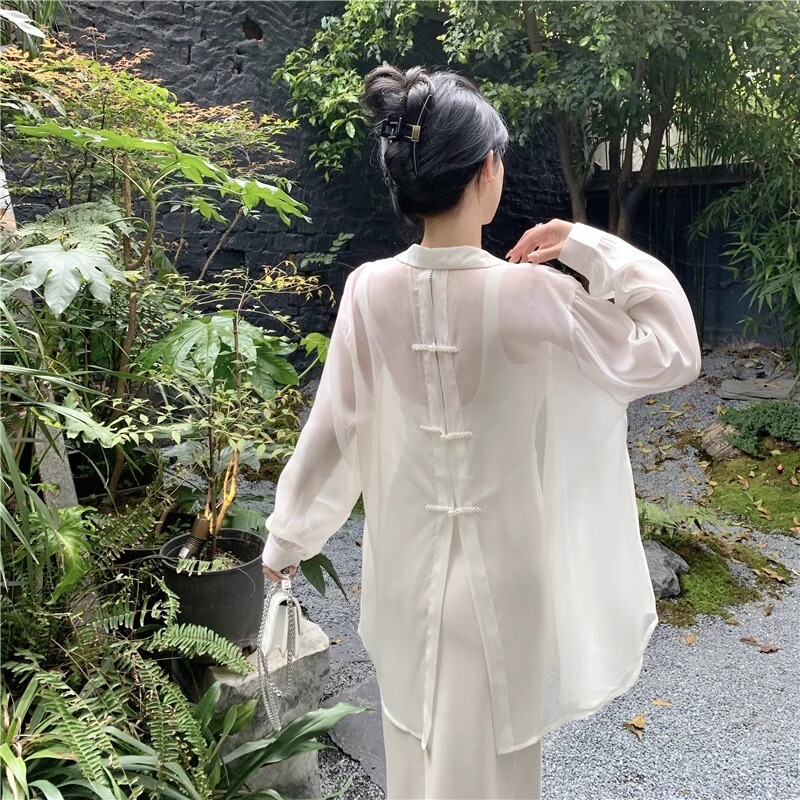 Donna Cinese Rana Bottoni Sole Protezione Camicia Cappotto Rete Aperto Ant Alto