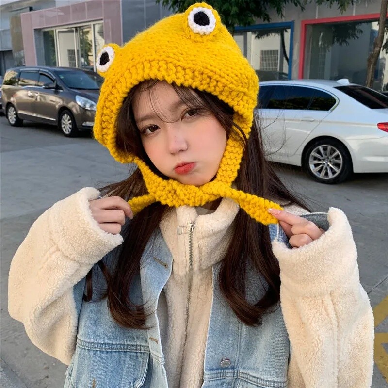 Damen Ohrenklappe Kappe Strickmütze Stirnband Japanisch Kawaii Frosch Eyes Warm