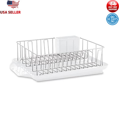 Large Rust Resistant Dish Rack W/ Removable Flatware Caddy & Drain Board White