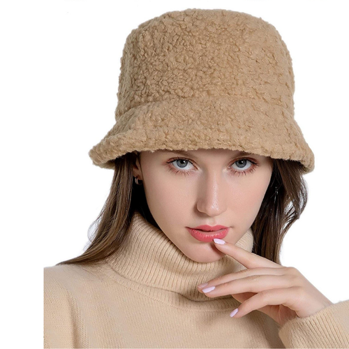 Women's Khaki Bucket Fur Furry Windproof Warm Solid Plush Fluffy Teddy Hat Cap