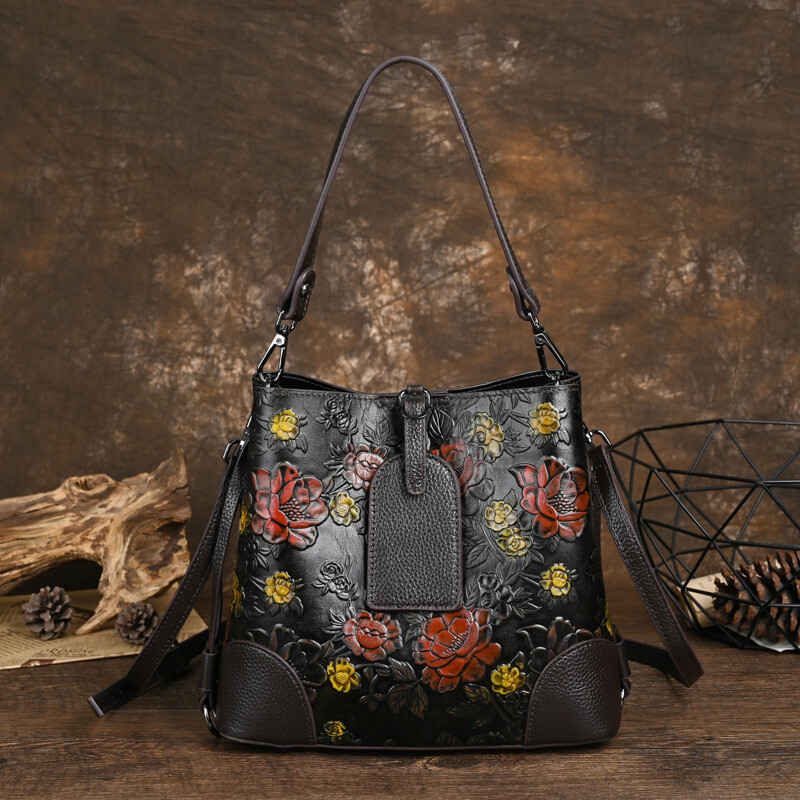 Women's Tote Bucket Bag Embossed Hobo Handbag Leather Top Handle Satchel Purses