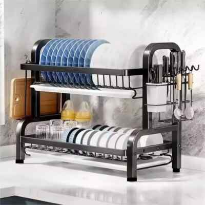 Dish Drying Rack 2-Tier Compact Kitchen Dish Rack Drainboard Set Large Rust